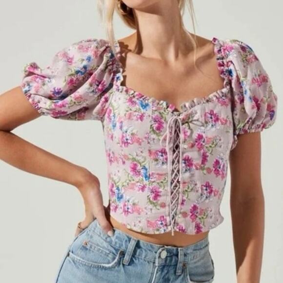ASTR The Label Lace Up Multicolor Floral Puff Sleeve Top Size S - Picture 1 of 9